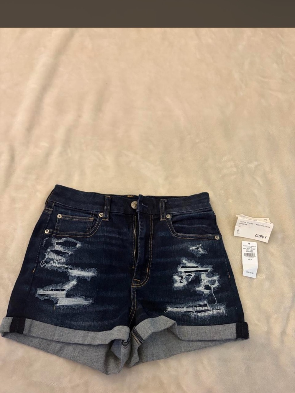 American Eagle Outfitters Dark Blue Distressed Rolled Hem Jean Shorts